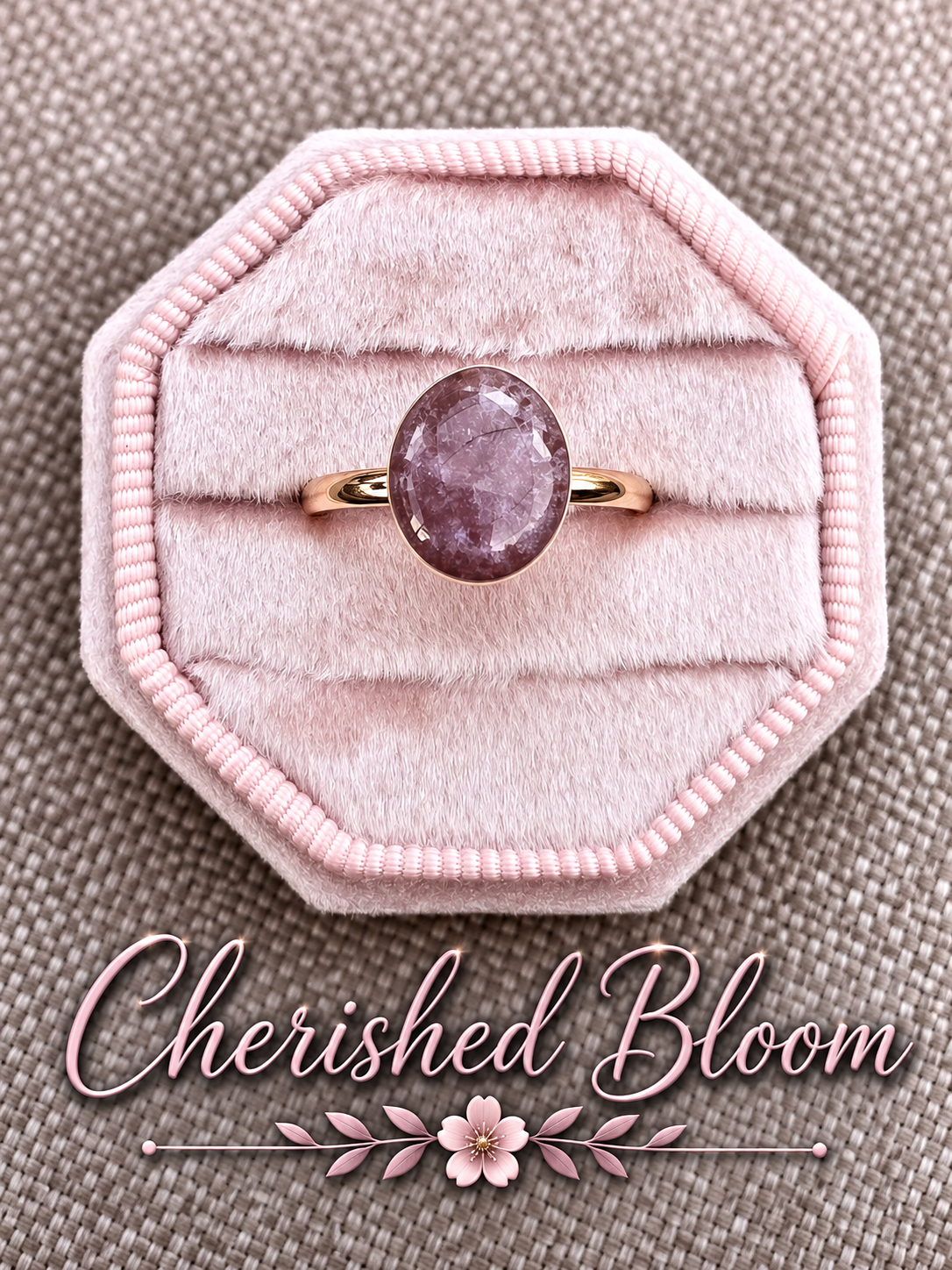 A gold ring with an oval purple gemstone displayed on a pink octagonal velvet ring box, set against a textured gray background with the brand name 'Cherished Bloom' written at the bottom.