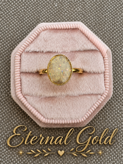 A gold ring with an oval opal-like stone displayed on a pink velvet ring box, set against a textured gray background with the text 'Eternal Gold' at the bottom.